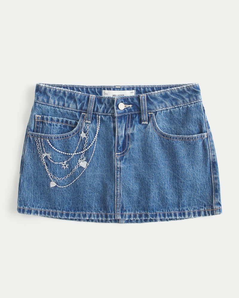 Medium Wash Embroidered Chain Denim Mini Skort