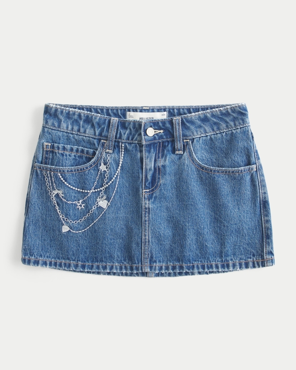 Medium Wash Embroidered Chain Denim Mini Skort