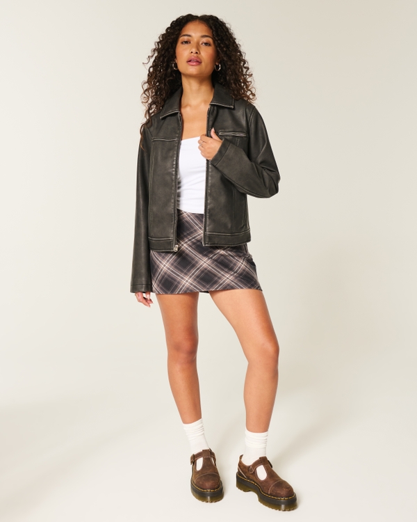 High-Rise A-Line Mini Skort, Dark Grey Plaid view 2