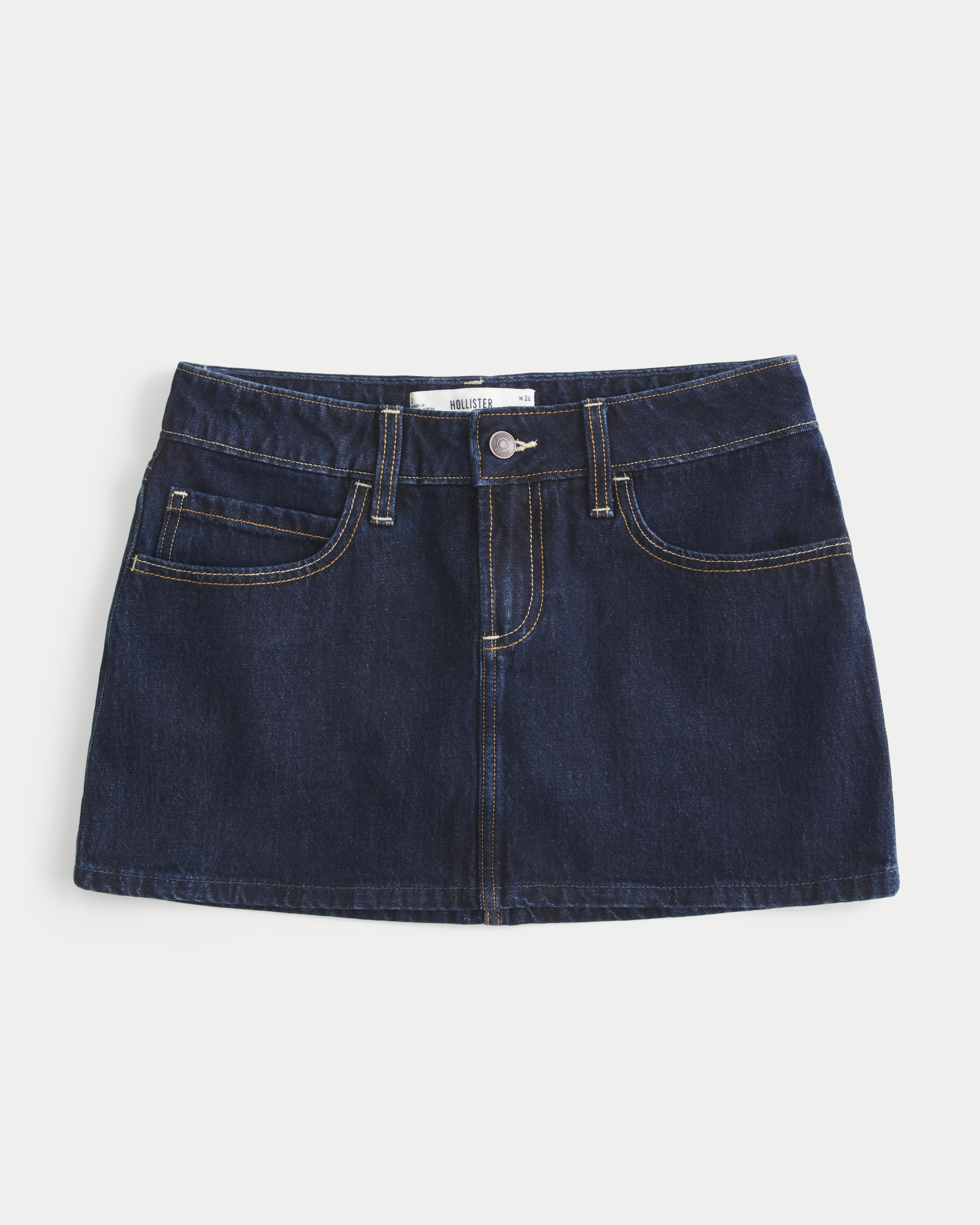 Low-Rise Dark Wash Plaid Pocket Denim Mini Skort