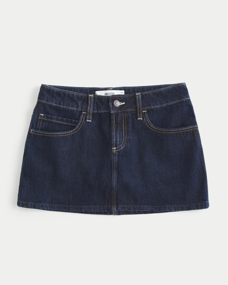 Low-Rise Dark Wash Plaid Pocket Denim Mini Skort