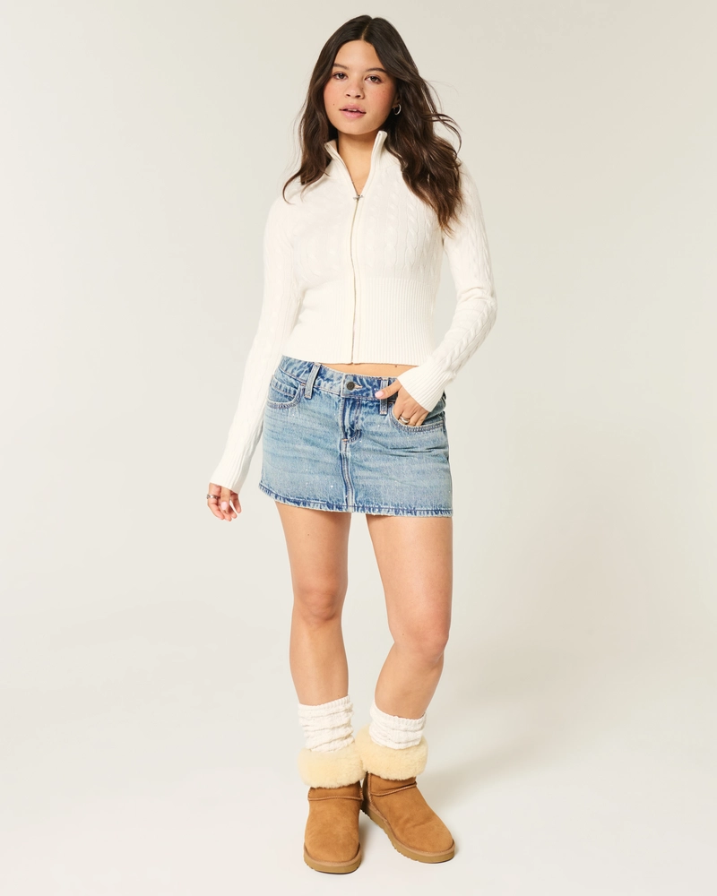 Low-Rise Rhinestone Denim Mini Skort