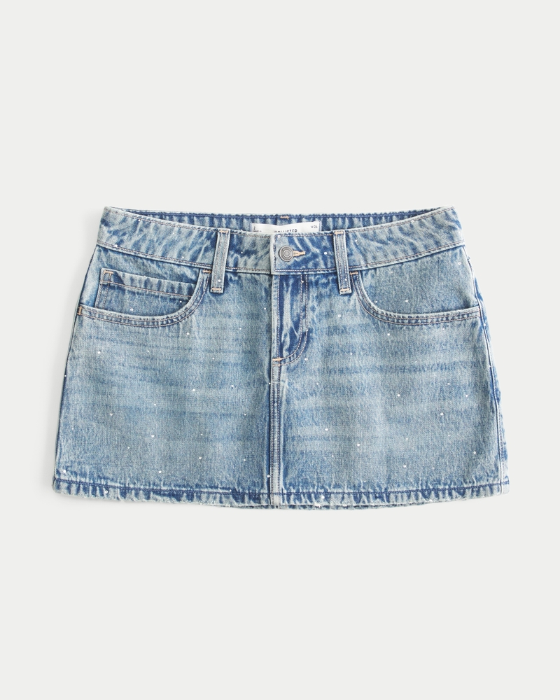 Low-Rise Rhinestone Denim Mini Skort