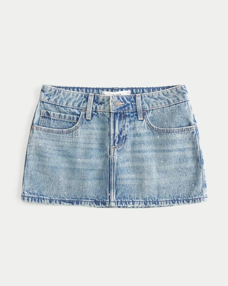 Low-Rise Rhinestone Denim Mini Skort