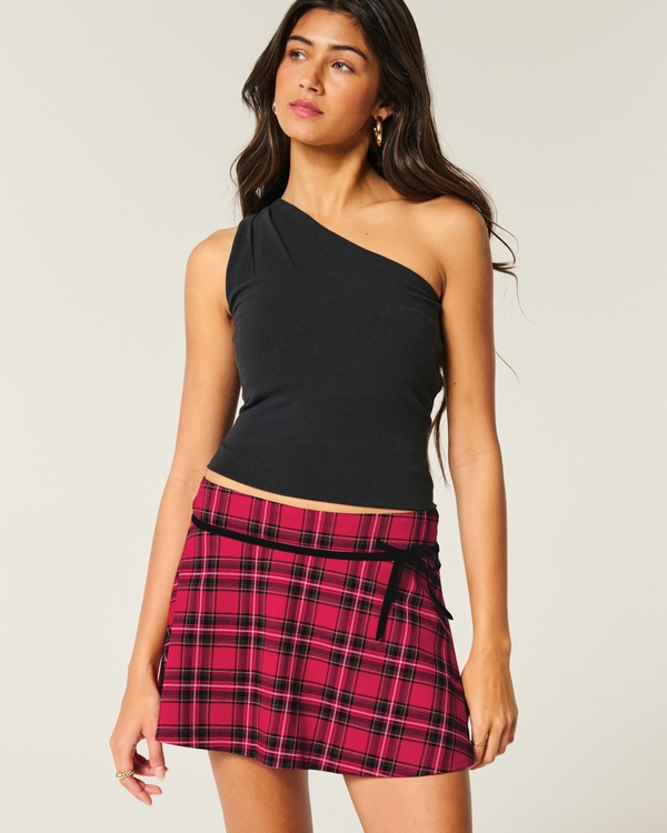 Mid-Rise Plaid Circle-Cut Mini Skort, Crimson Plaid view 1