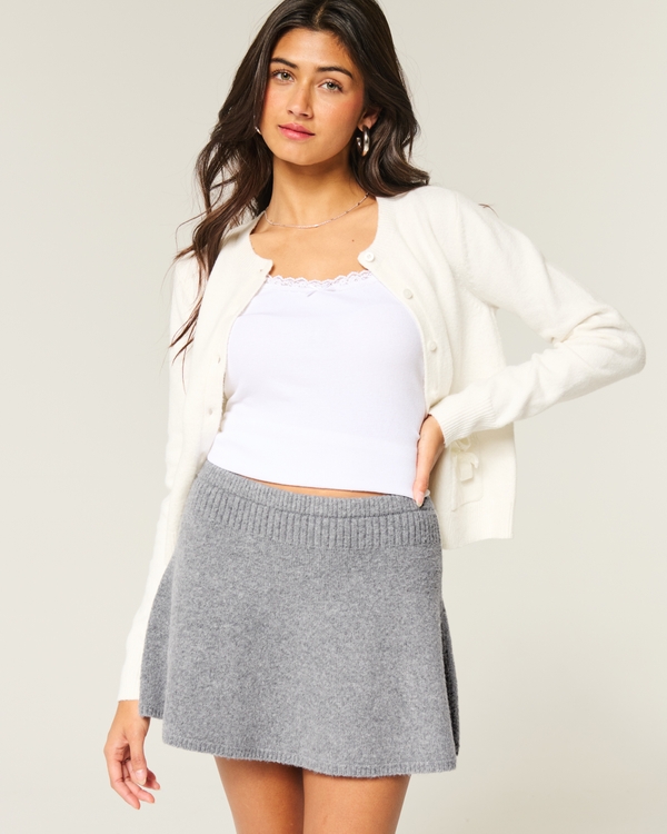 Mid-Rise Circle-Cut Sweater-Knit Mini Skirt, Heather Grey view 1