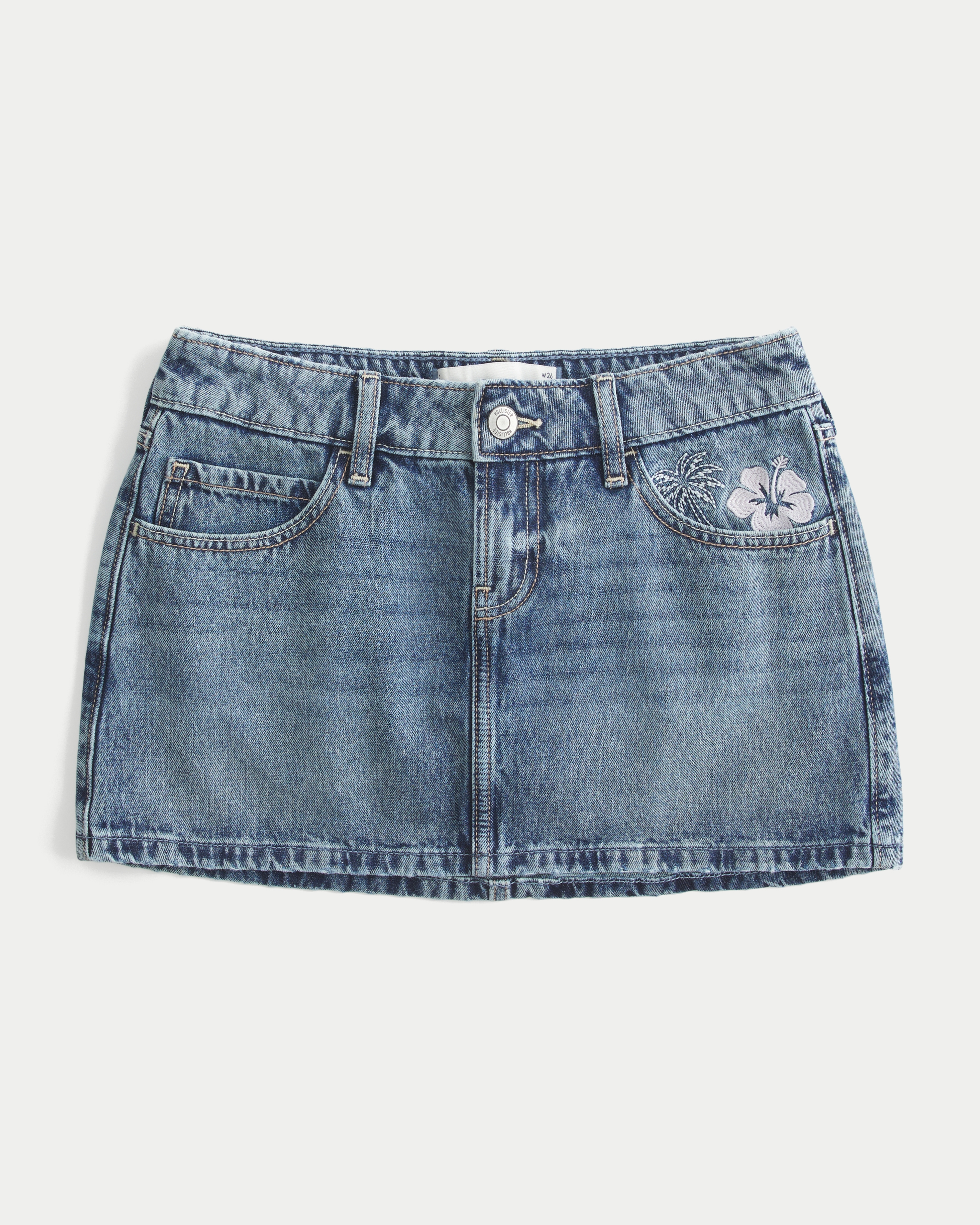 Low-Rise Medium Wash Studded Denim Mini Skort