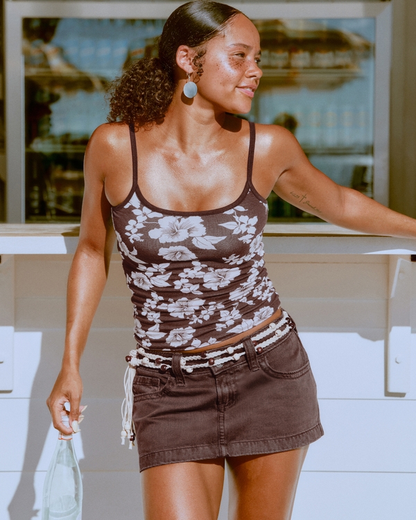 Ultra Low-Rise Denim Micro Mini Skort, Brown view 1