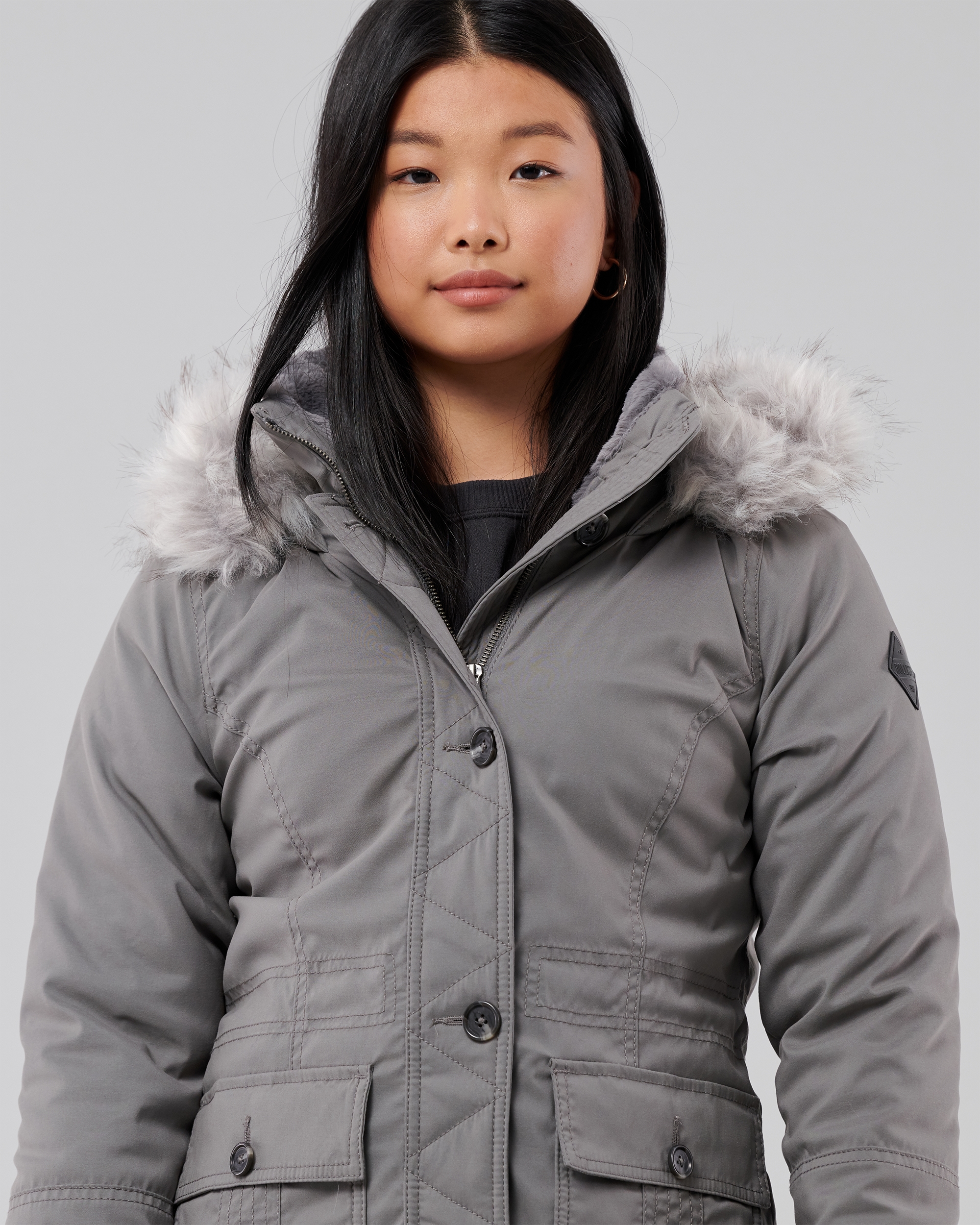 Hollister Teddy Lined Parka Jacket With Faux Fur Hood In Grey for Women