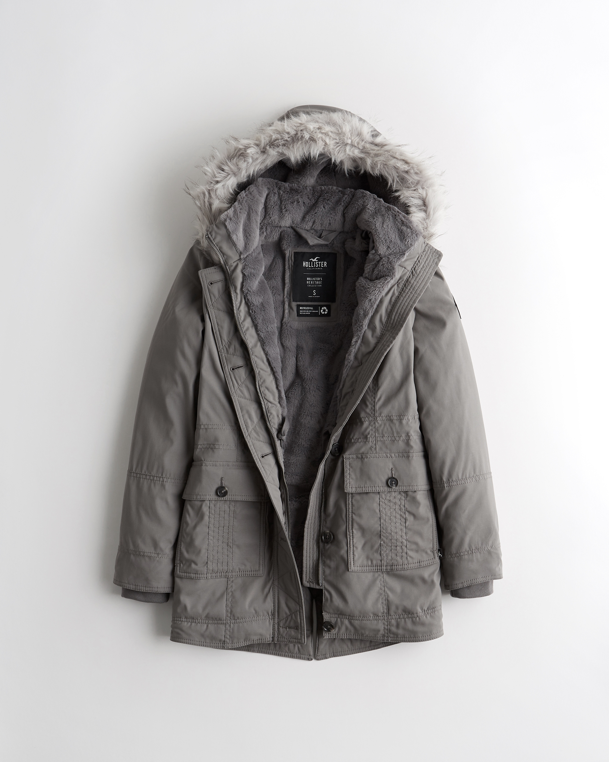 Hollister Stretch Cozy-Lined Parka (870 HRK) ❤ liked on Polyvore featuring  outerwear, coats, dark grey, hooded parka, hoo… en 2024