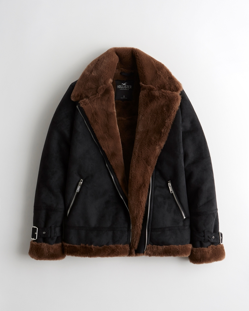 Hollister black clearance shearling biker jacket