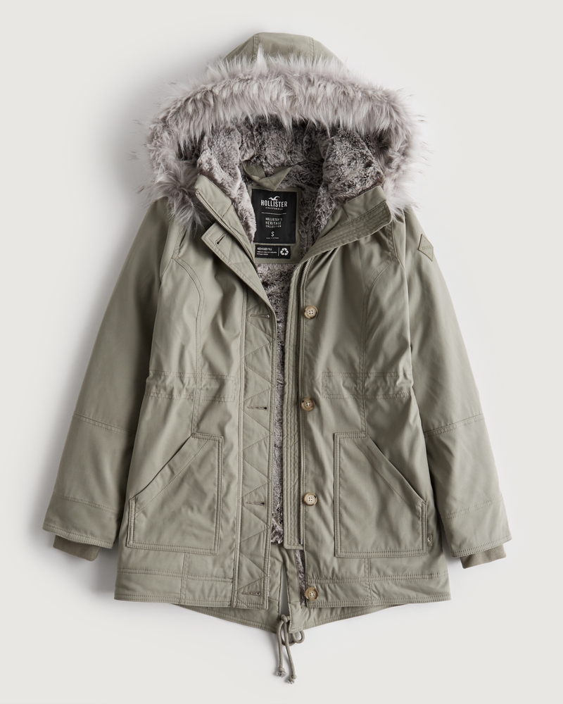 Hollister Stretch Cozy-Lined Parka ($90) ❤ liked on Polyvore featuring  outerwear, coats, black, faux …