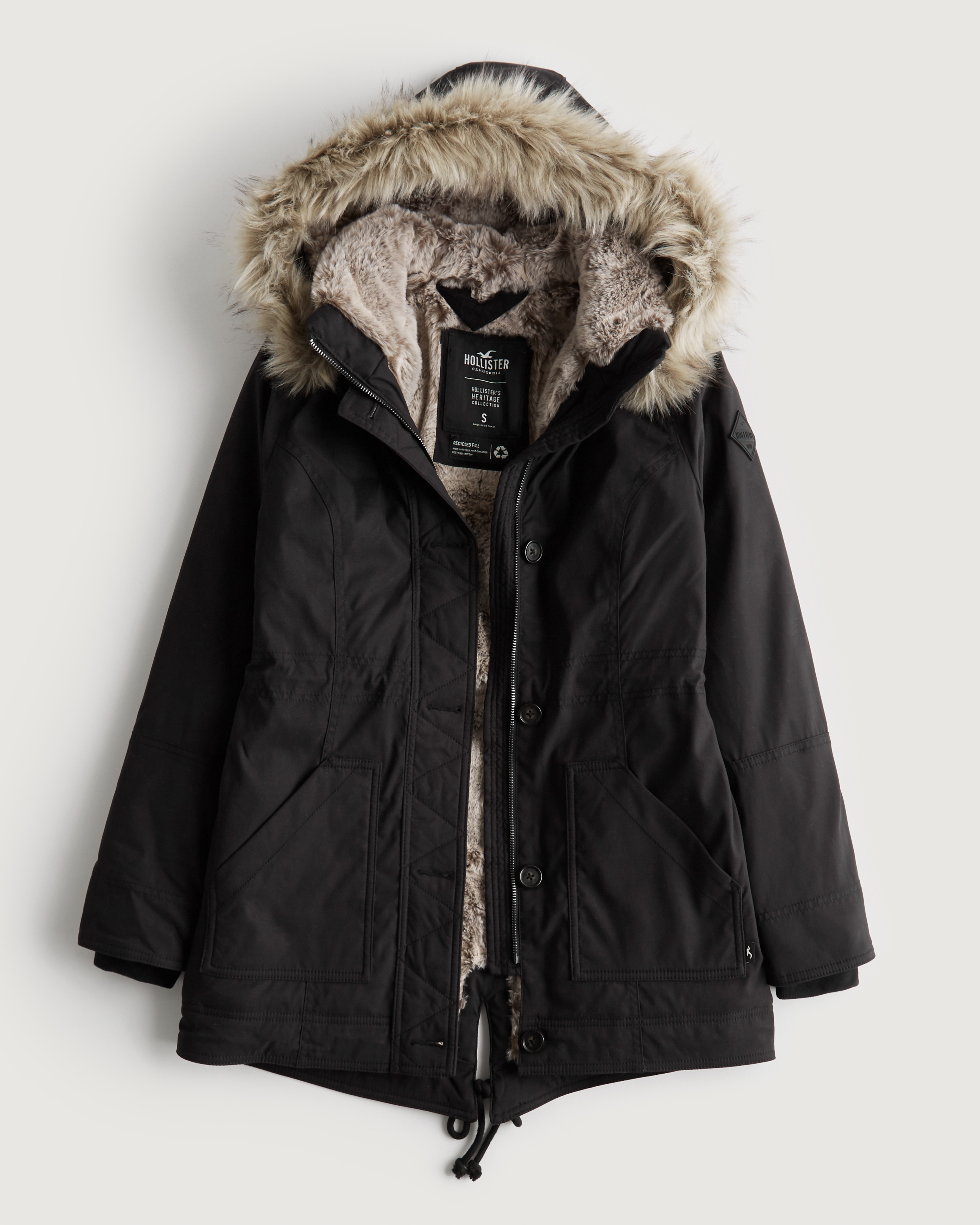 L) HOLLISTER Black Parka Jacket With Faux Fur Lined Hood, Men's
