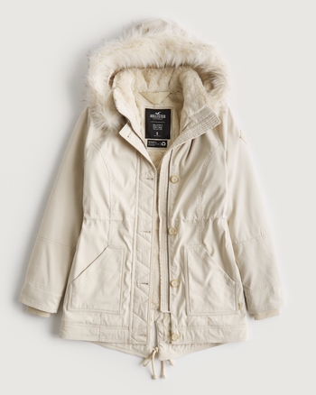 Hollister Stretch Cozy-Lined Parka ($160) ❤ liked on Polyvore featuring  outerwear, coats, navy, faux fur lining…