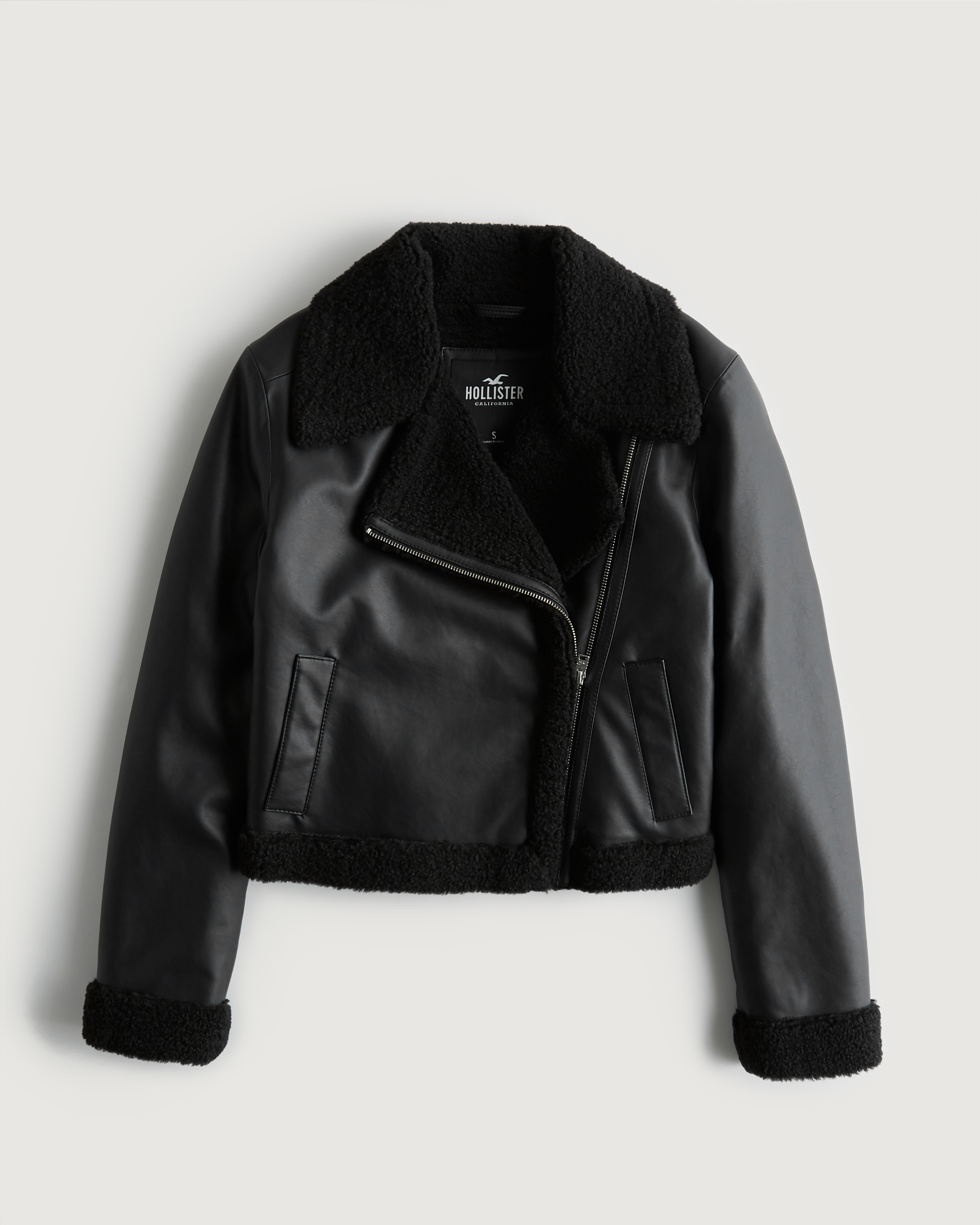 Hollister Crop Sherpa-Lined Faux Leather Biker Jacket