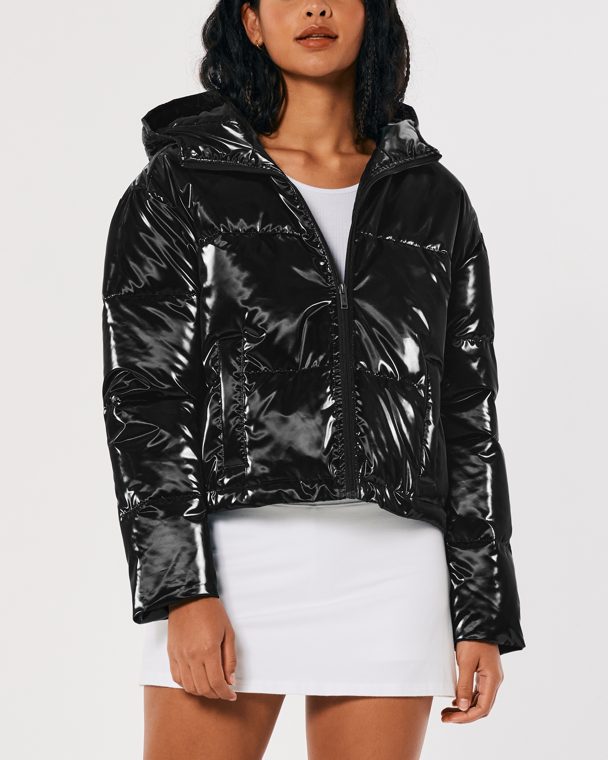 Shiny puffer jacket with on sale hood