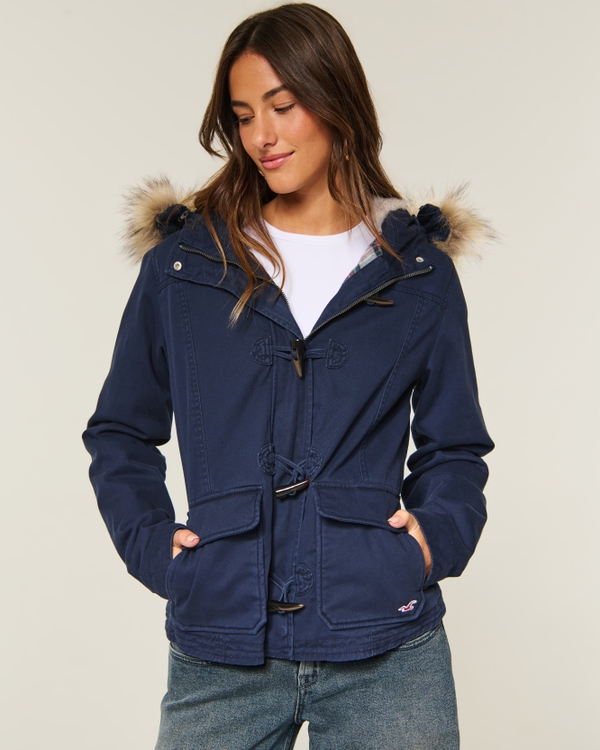 Faux Fur-Lined Toggle Jacket, Navy view 1
