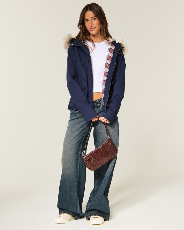 Faux Fur-Lined Toggle Jacket, Navy view 2