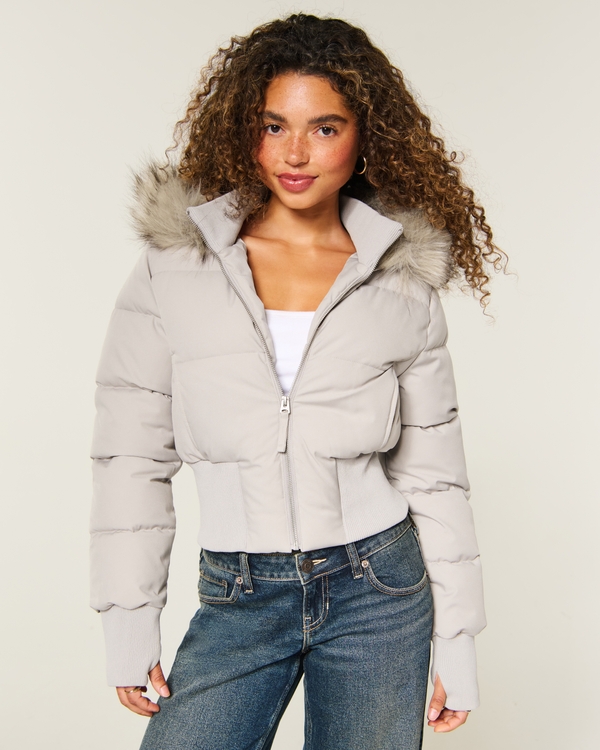 Faux Fur Trim Puffer Jacket, Cream view 1