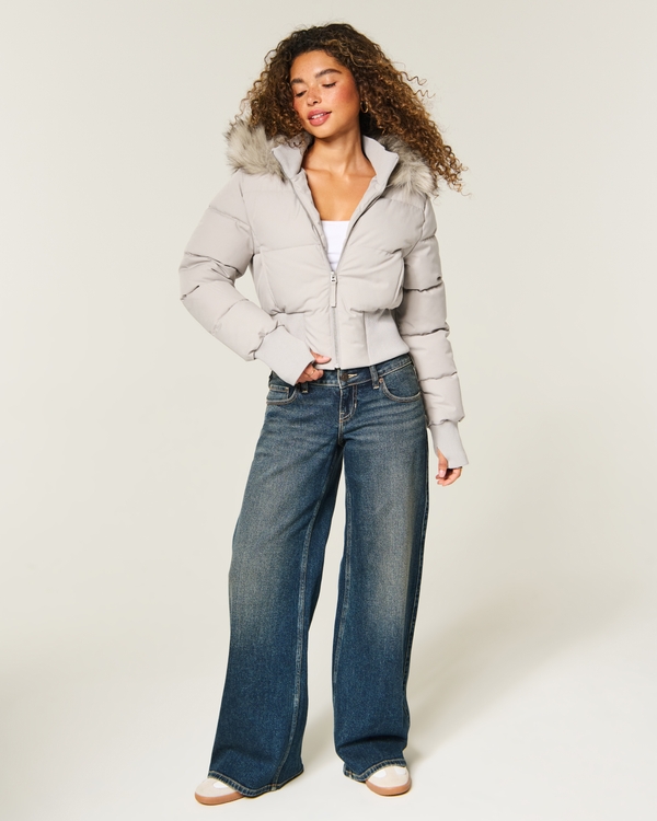 Faux Fur Trim Puffer Jacket, Cream view 2