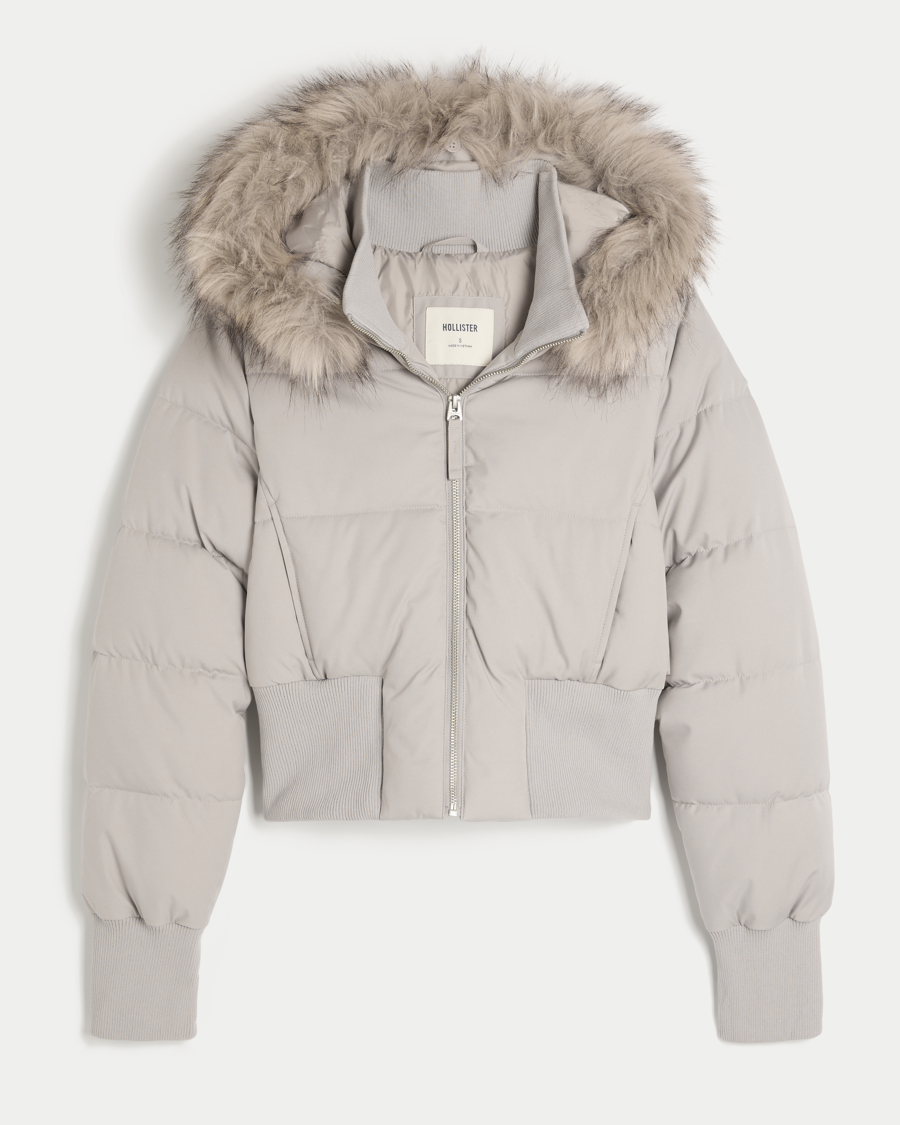 Hollister Faux Fur Trim Puffer Jacket In Cream