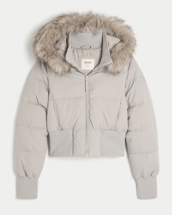 Faux Fur Trim Puffer Jacket, Cream view 1