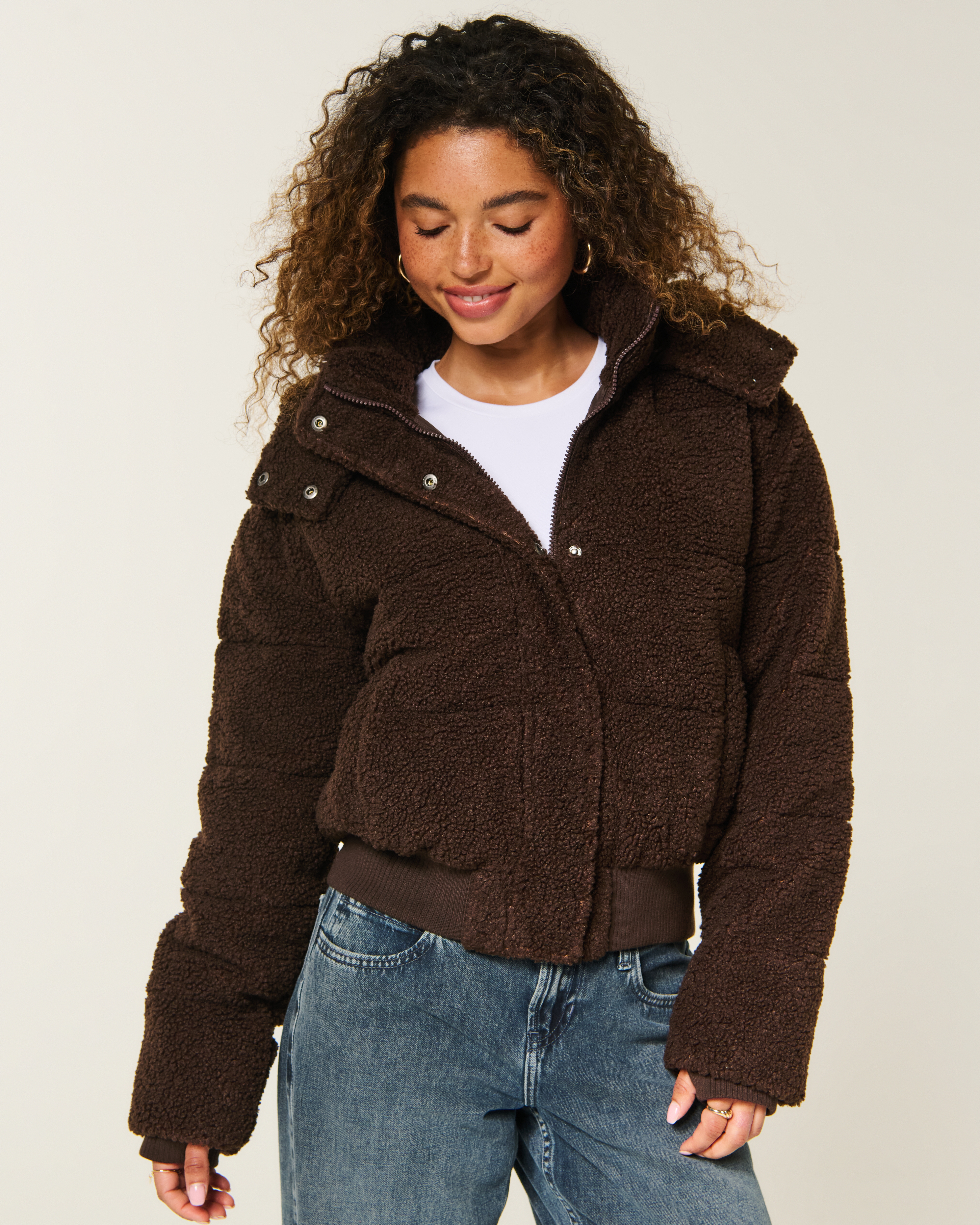 Hollister Feel Good Sherpa Puffer Jacket In Brown