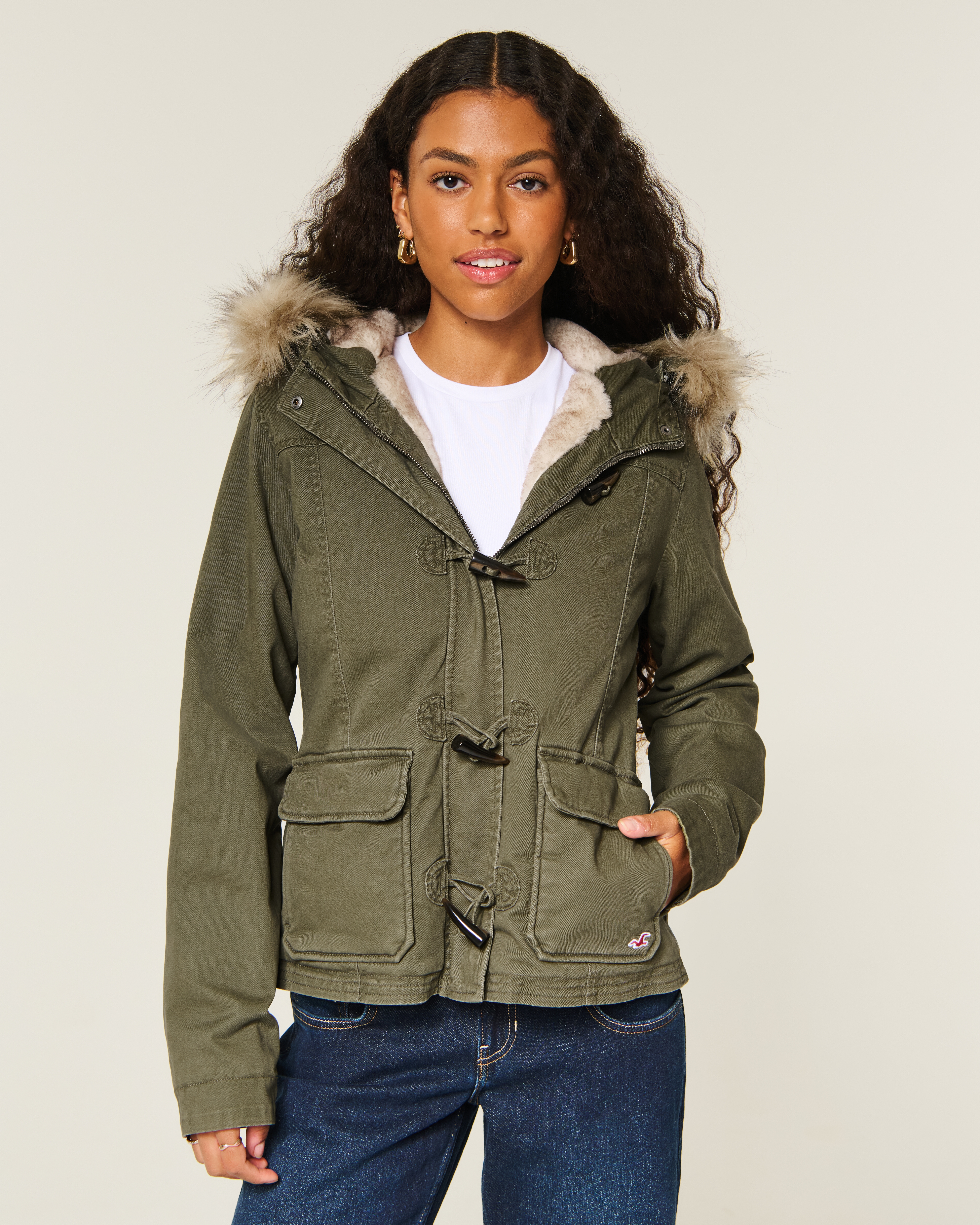 Hollister Faux Fur-lined Toggle Jacket In Olive