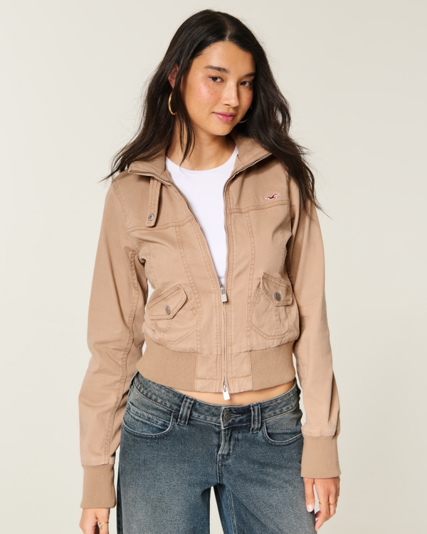 Twill Zip-Up Jacket, Brown view 1