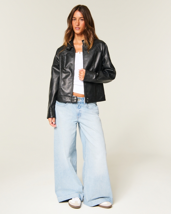 Faux Leather Moto Jacket, Black view 2