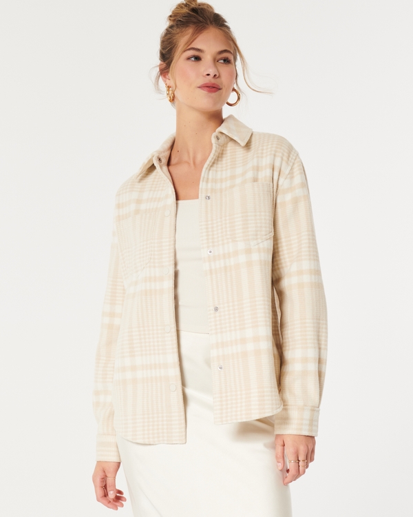 Classic Shirt Jacket, Cream Plaid