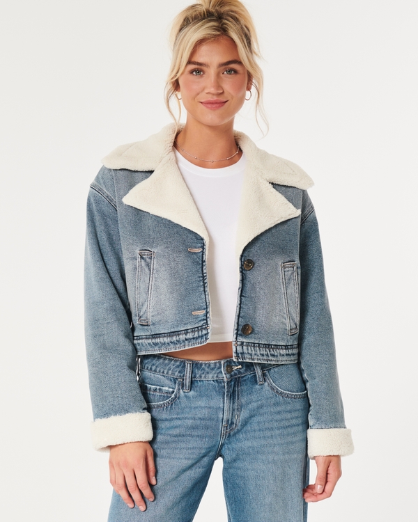 Sherpa-Lined Crop Denim Biker Jacket, Medium Wash