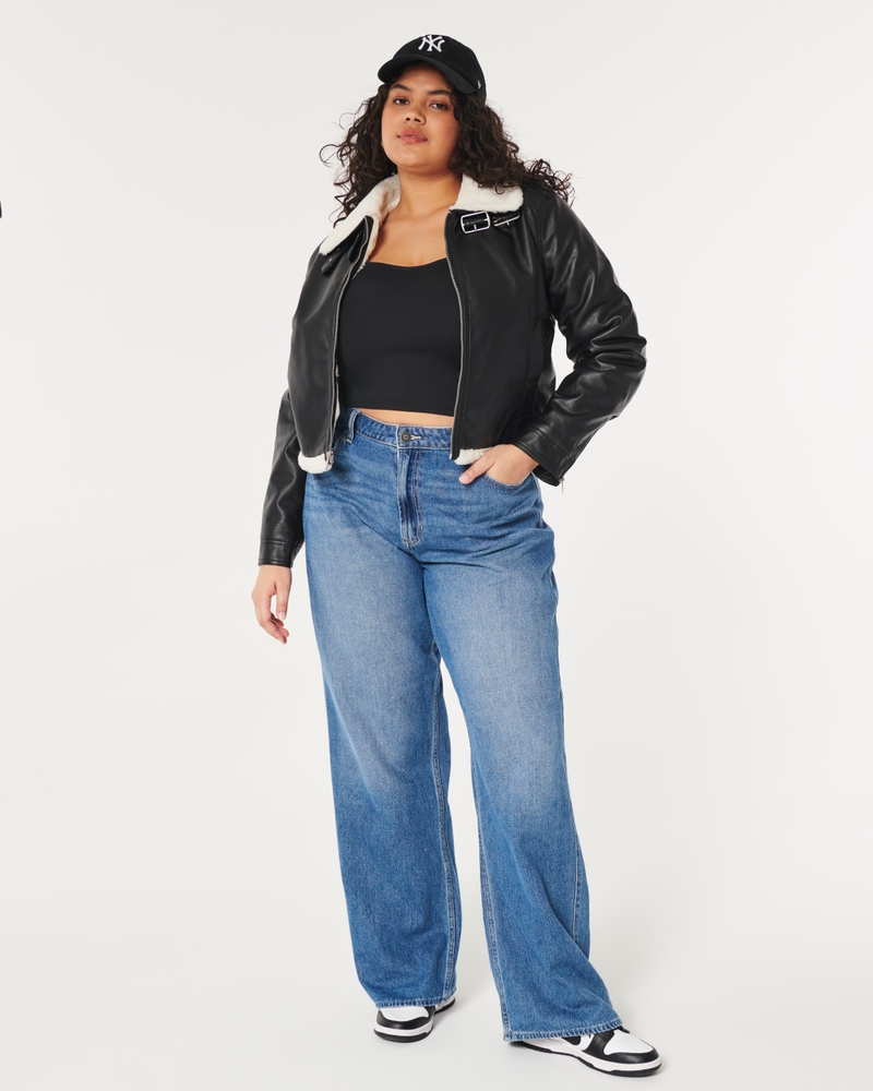 Faux Fur-Lined Vegan Leather Crop Biker Jacket