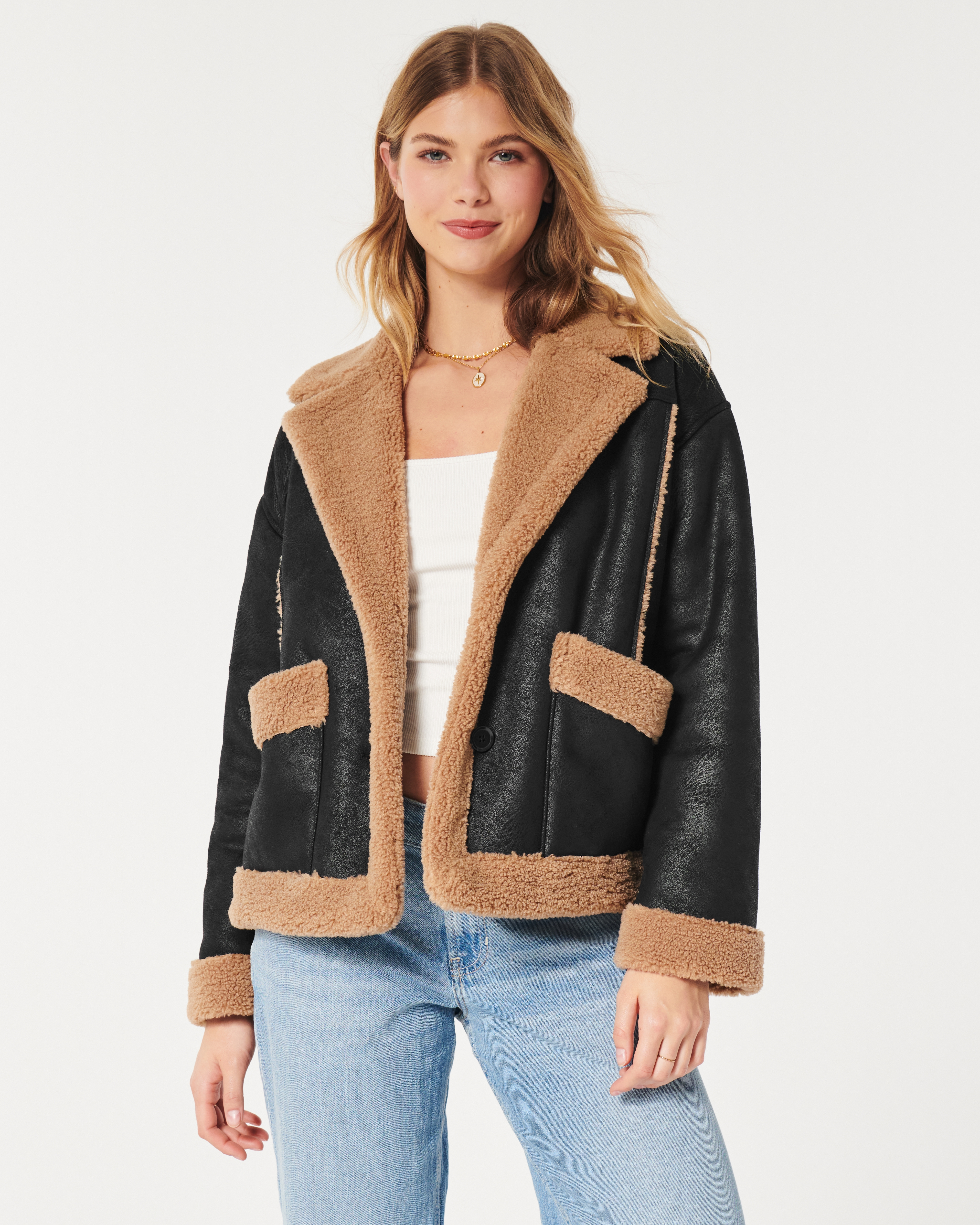 Sherpa-Lined Faux Suede Biker Jacket