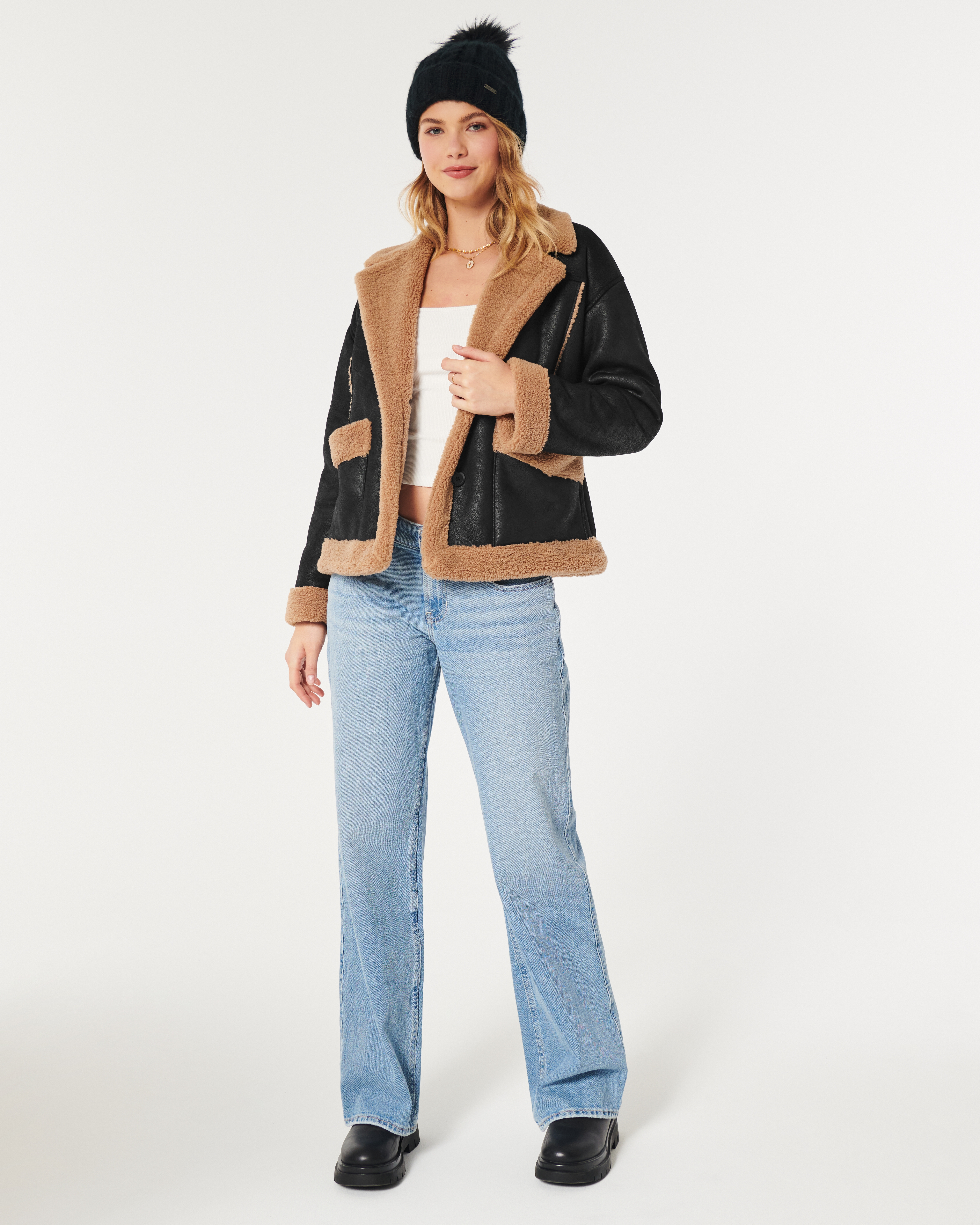 Women's Vegan Suede Sherpa-Lined Bomber Jacket, Women's Clearance