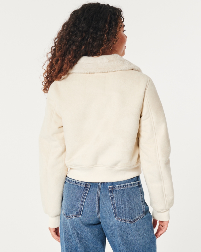 Hollister Faux Fur-Lined Suede Crop Bomber Jacket