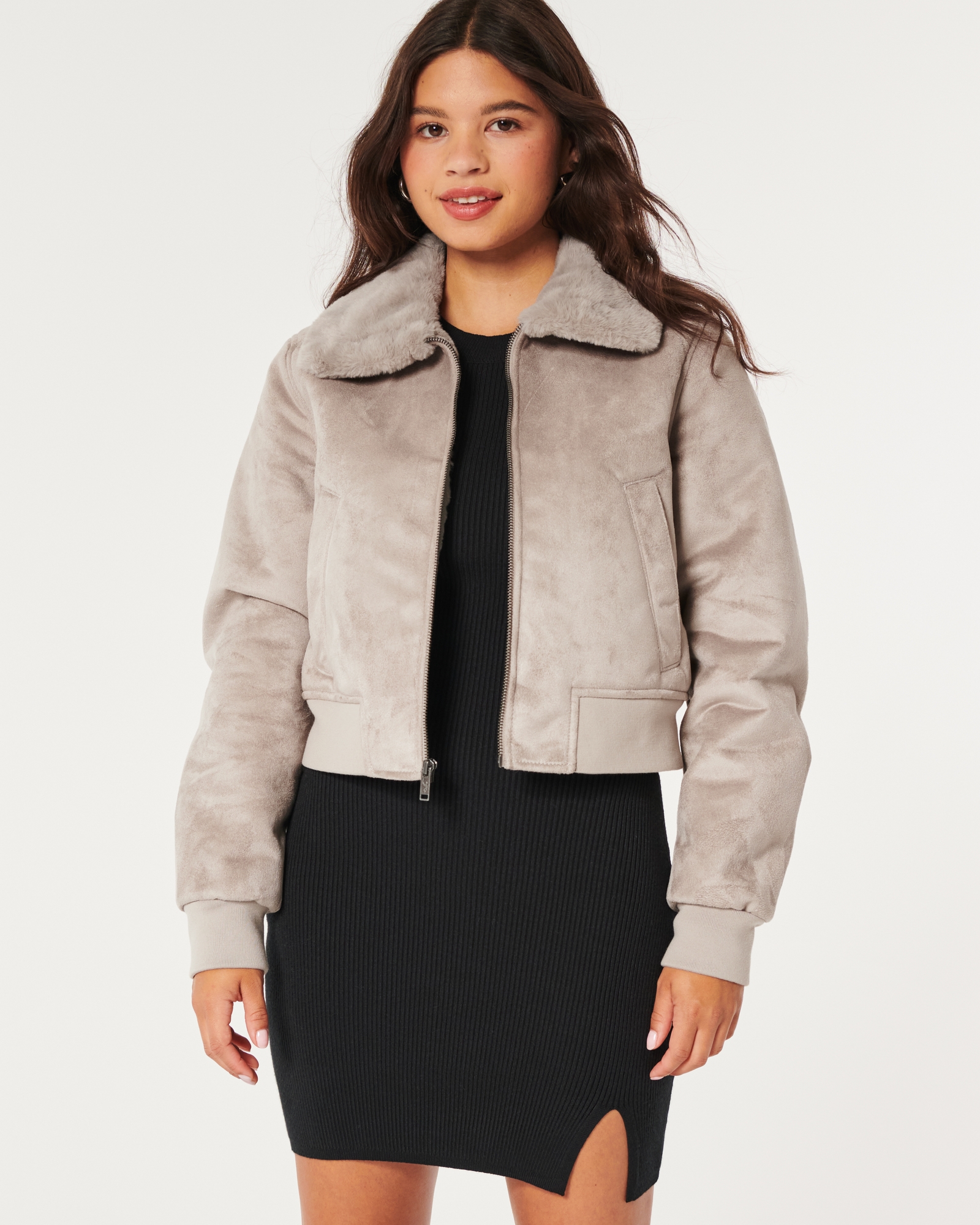 Women's Faux Fur-Lined Faux Suede Crop Bomber Jacket, Women's Clearance