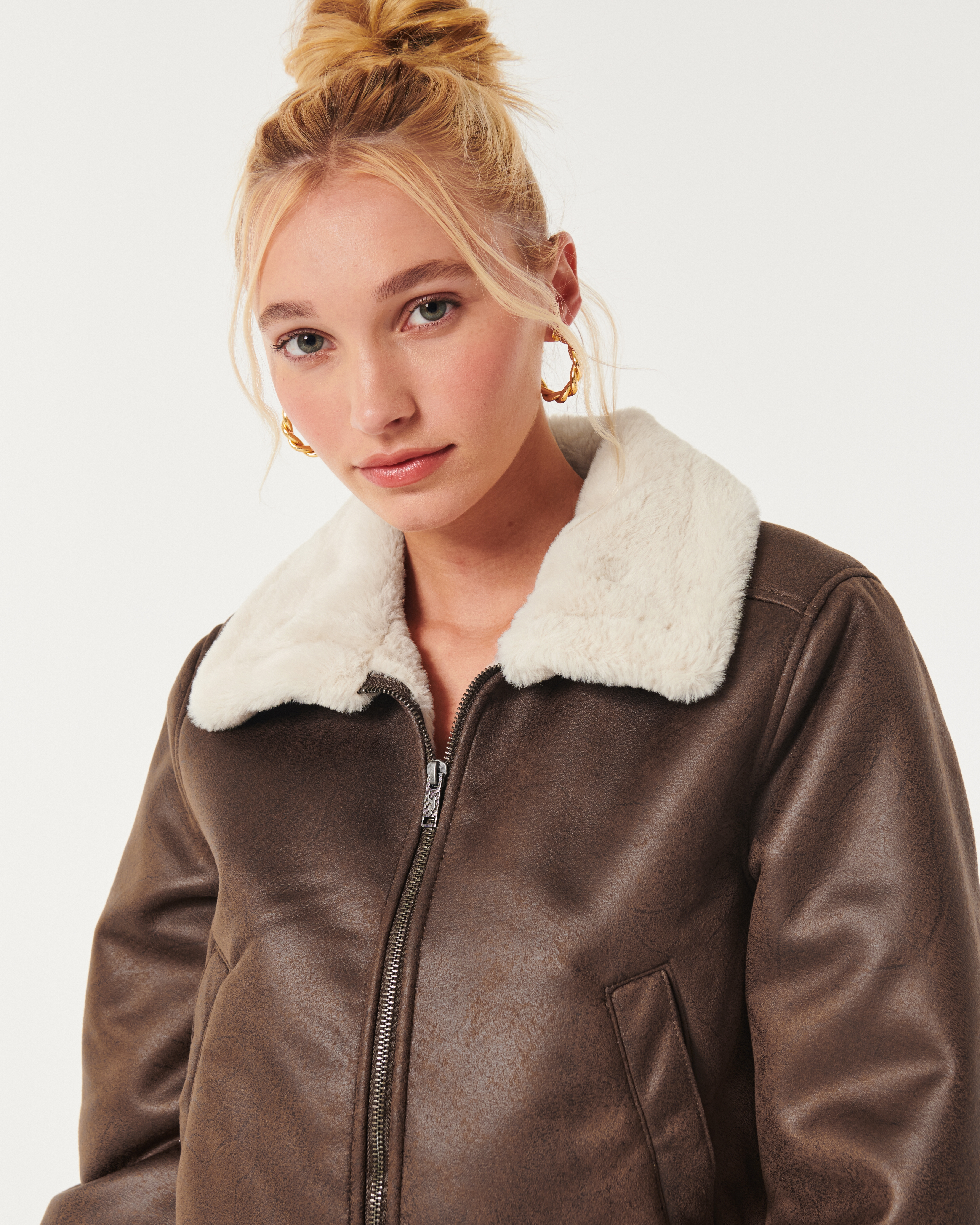 Faux Fur-Lined Suede Crop Bomber Jacket