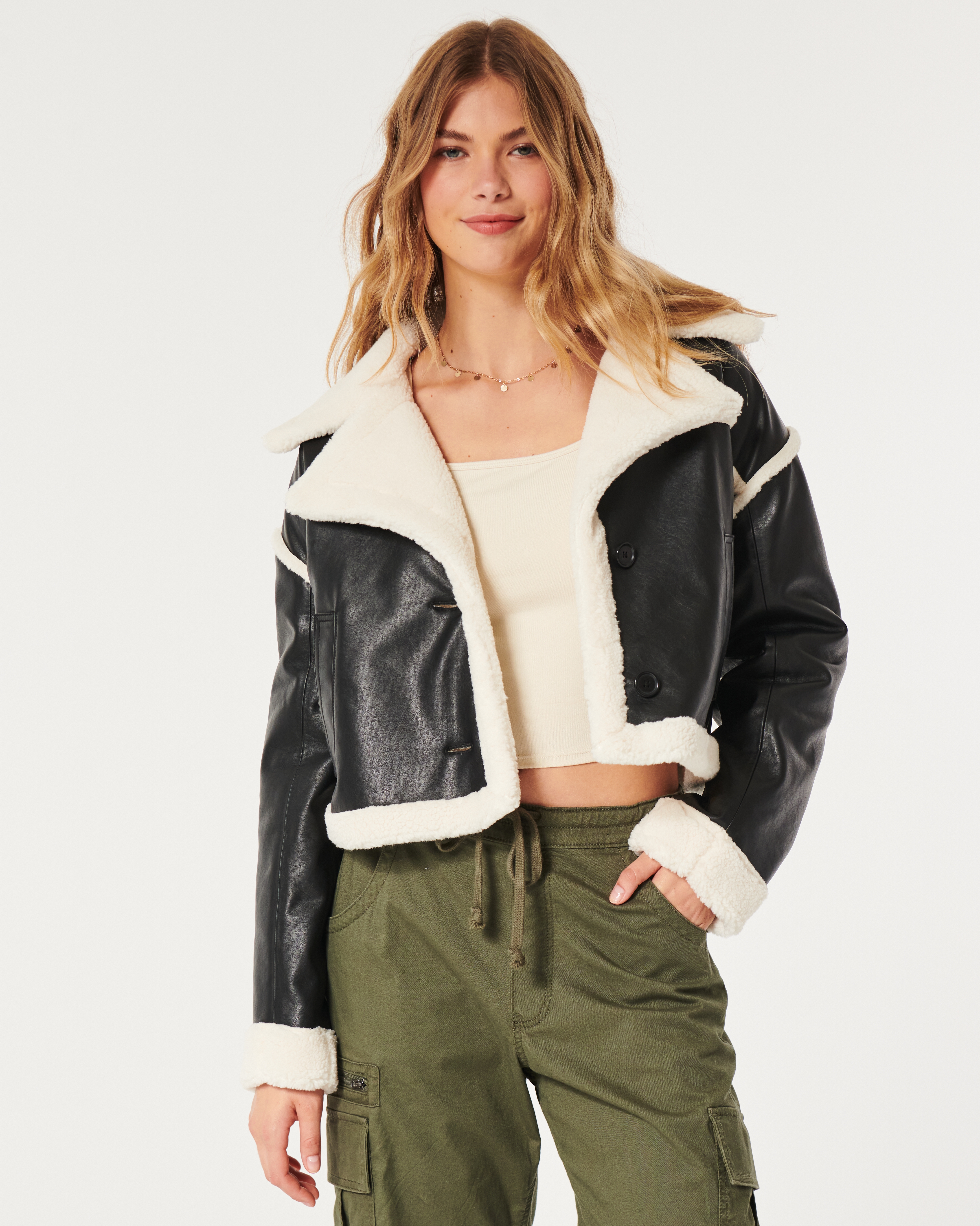 Women's Faux Fur-Lined Faux Suede Crop Bomber Jacket