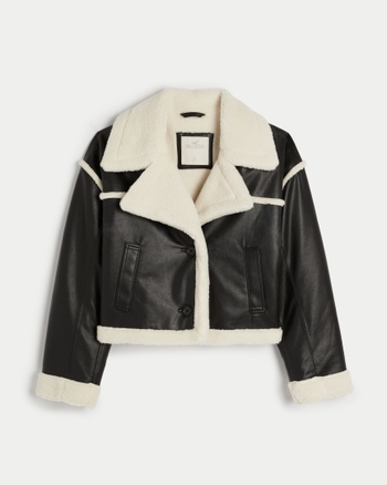 Women s Sherpa Lined Vegan Leather Crop Biker Jacket Women s