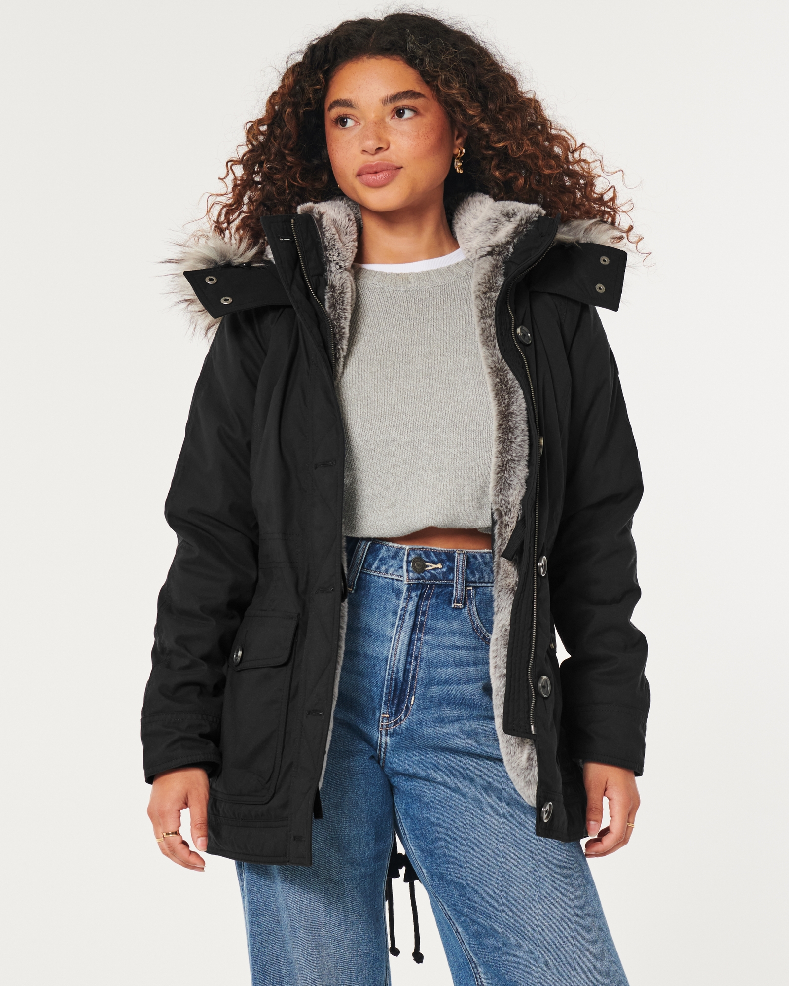 Hollister Faux Fur Lined Parka ($160) ❤ liked on Polyvore featuring  outerwear, coats, black, hooded coat, faux fur trim coats, cinch coats,  faux fur lined parka…