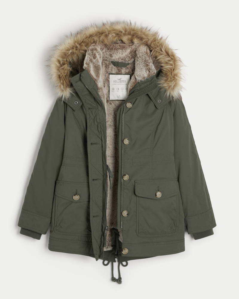 NWT Hollister by Abercrombie&Fitch Cozy-Lined Parka Faux Fur Coat Jacket  Olive