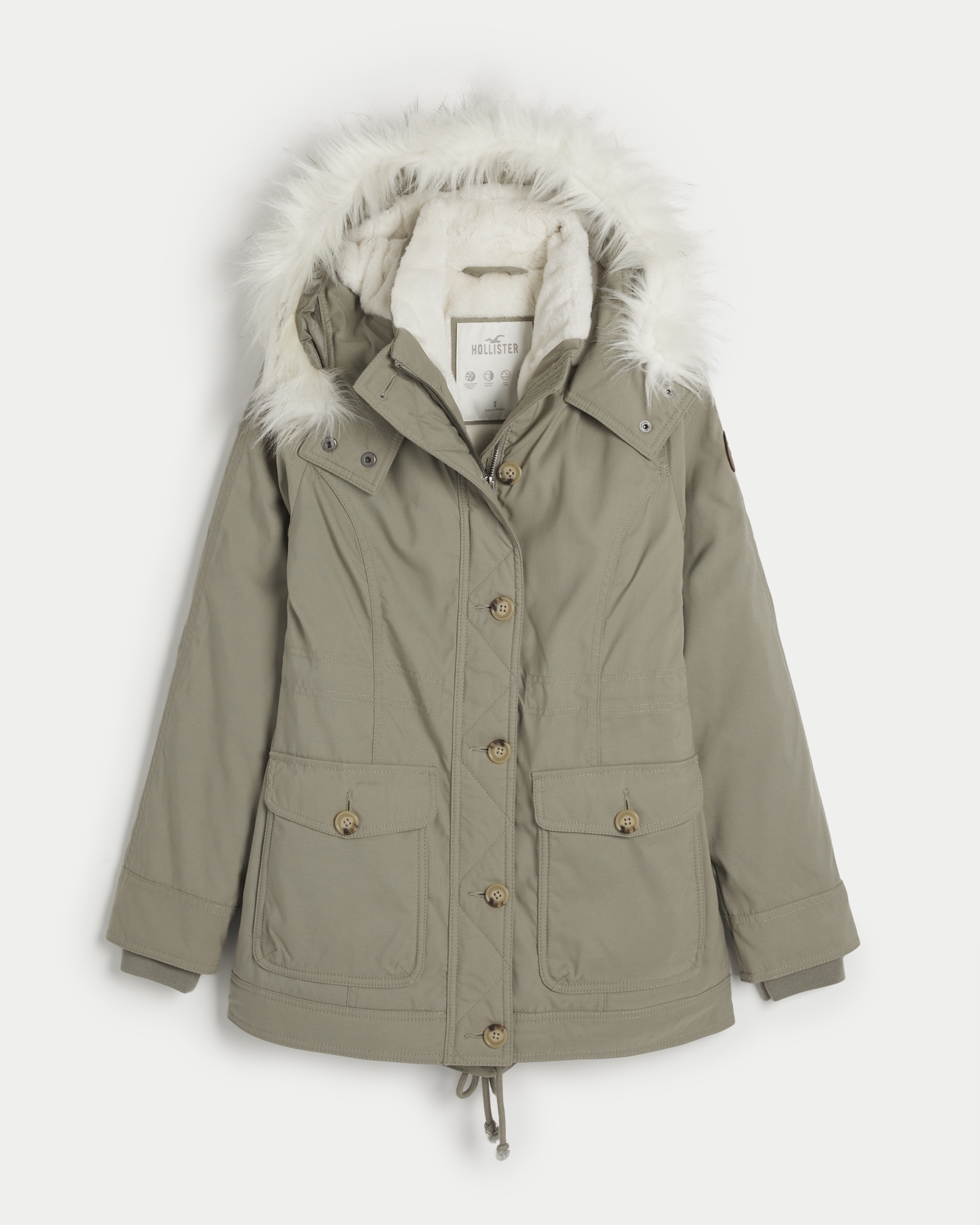 NWT Hollister by Abercrombie&Fitch Cozy-Lined Parka Faux Fur Coat Jacket  Olive