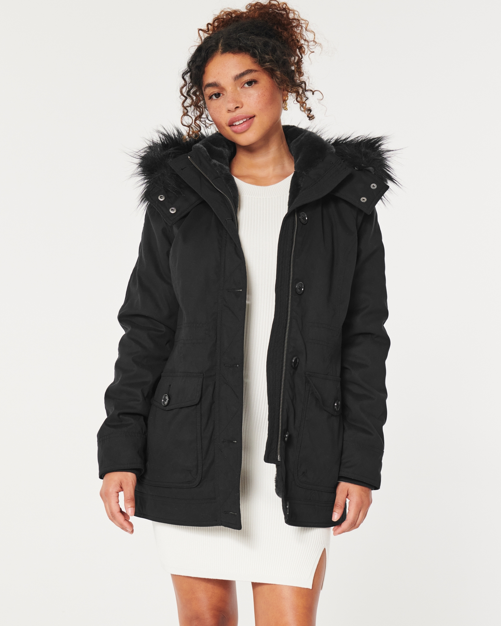Hollister Stretch Cozy-Lined Parka ($90) ❤ liked on Polyvore featuring  outerwear, coats, black, faux …