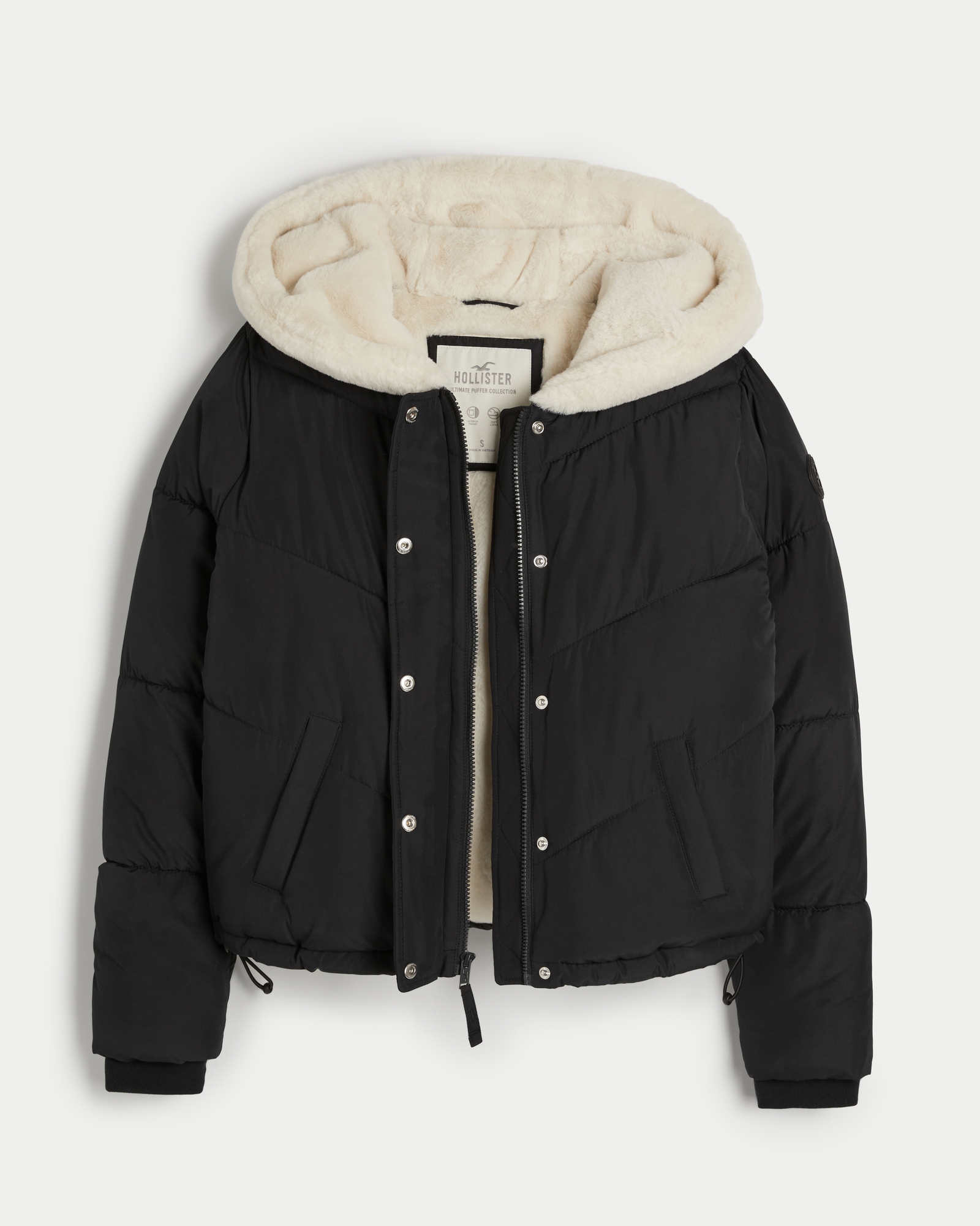 Girls White Down Coat Jacket With Fur Lined Hood, Hollister Surf