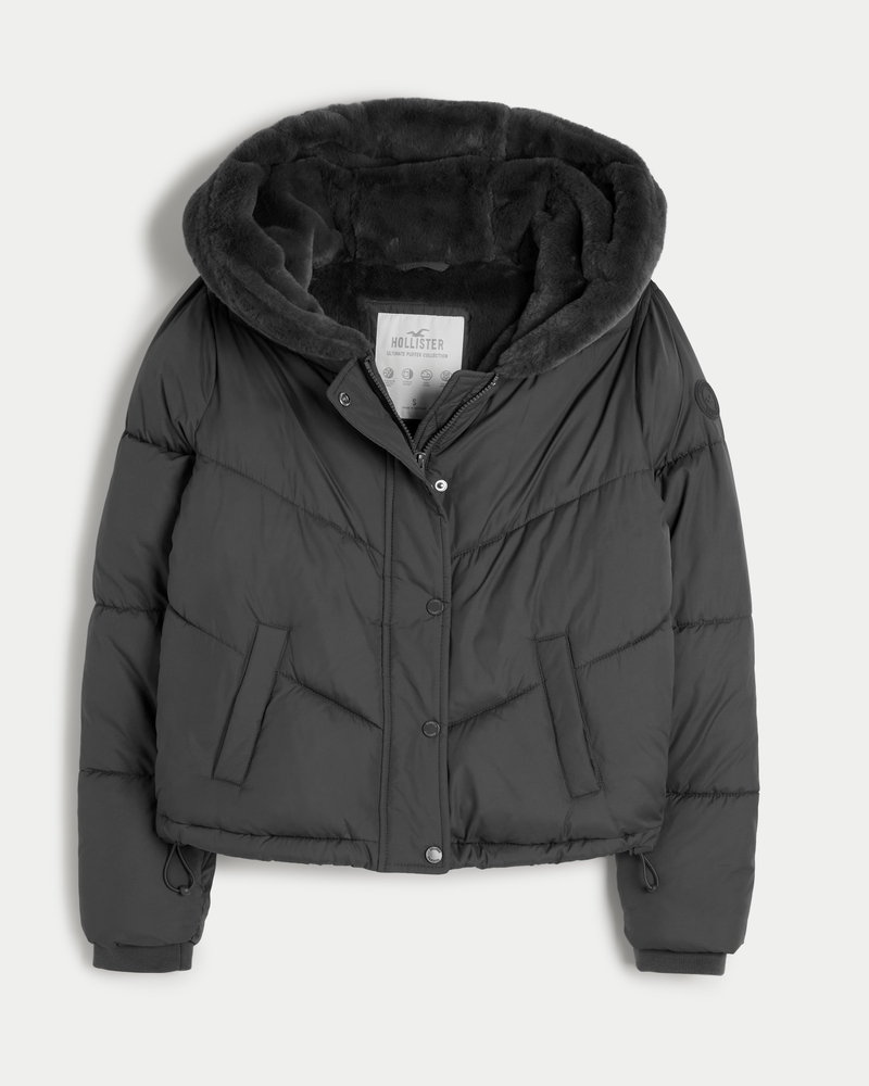 Hollister Women All-Weather Jacket Faux Fur Lined Hooded Parka Coat Black  size M
