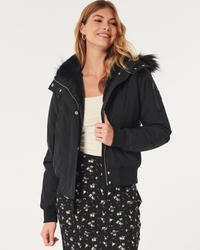 HOLLISTER FAUX FUR LINED ALL WEATHER BOMBER JACKET BLACK WOMENS