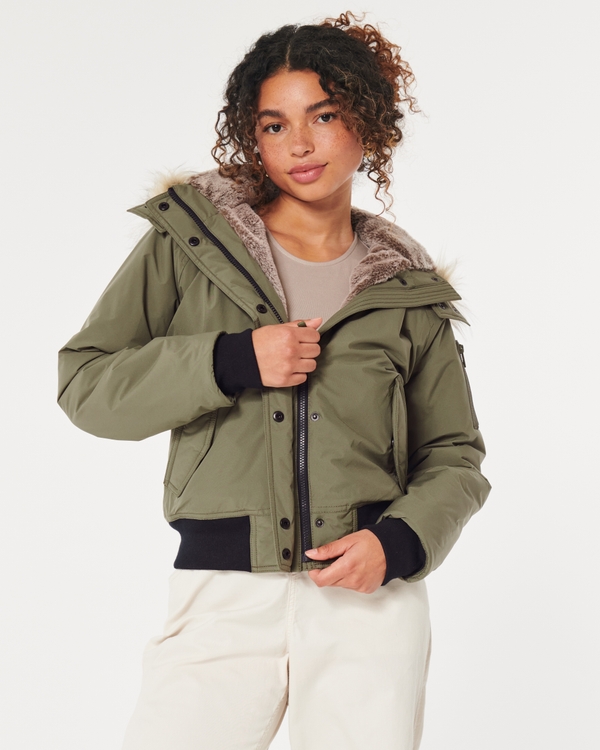 All-Weather Faux Fur-Lined Bomber Jacket, Olive Green