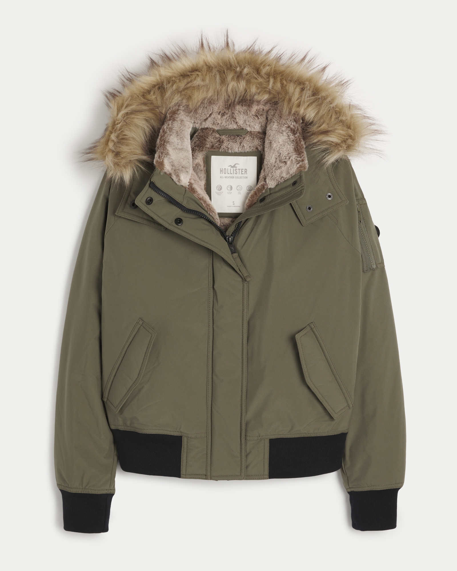 Hollister Womens Jacket with Faux Fur lining sz S Olive Green