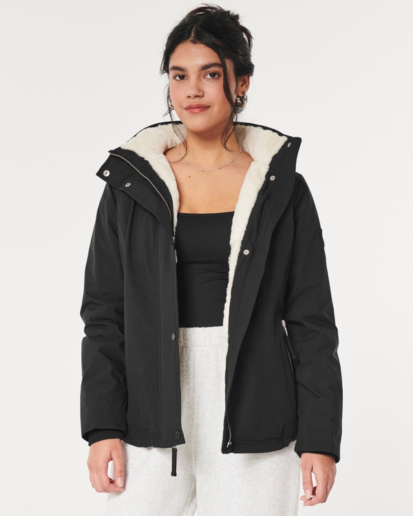 All-Weather Faux Fur-Lined Jacket, Black